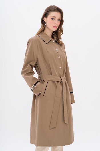 Olcay Large Size Trench Coat with Shirt Collar Piping and Grosgrain Detail Mink 4303