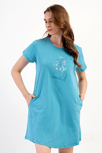 VİENETTA Women's Large Size Short Sleeve Turquoise Tunic C3T6N0O014