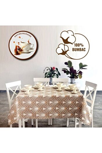Pucioasa Teflon-coated cotton tablecloth, 160x320cm, brown geometric pattern