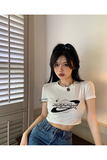 Minga London White People Power Written Printed Crop Blouse -Ghostella