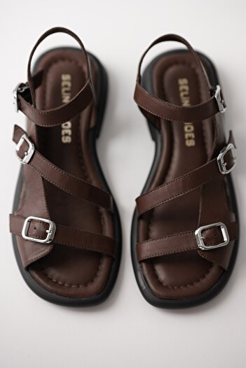 selinshoes Bloss 3-Piece Rubber Buckle Detailed Genuine Leather Women's Sandals - Brown