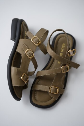 selinshoes Bloss 3-dílné dámské sandály z pravé kůže s gumovou přezkou - KHAKI
