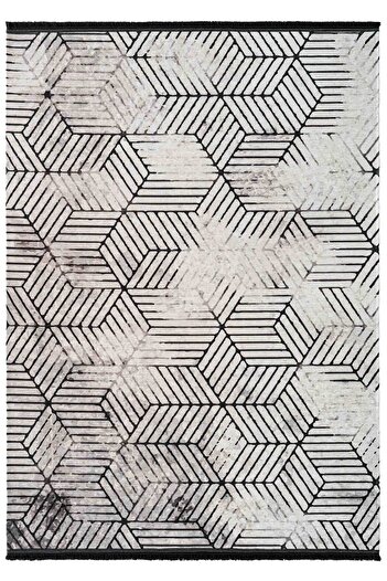 Oriente Home Geometrik Desenli Yıkanabilir Kaymaz Taban Şönil Halı Gri Siyah Yolluk 7811