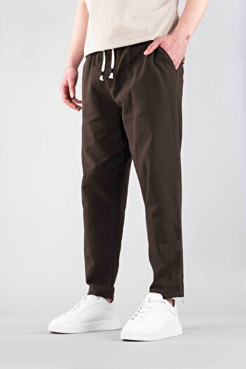 bombe Men's Jogger Linen Pants Elastic Waist Drawstring Cotton Casual Boyfriend Pants Brown