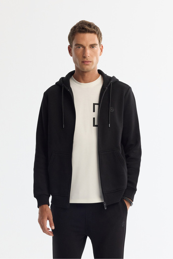 Avva Men's Black Hooded Raised 3 Thread Zippered Sweatshirt E 001019