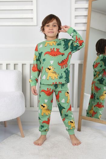 ZUZUNGA Dinozor Desenli Erkek Çocuk Pijama Takımı Yeşil 3-8 Yaş