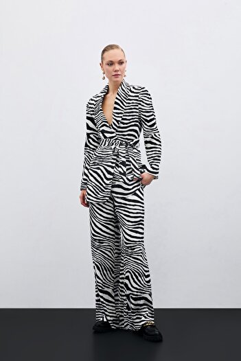 Sateen Loose Zebra Pattern Trousers - Black