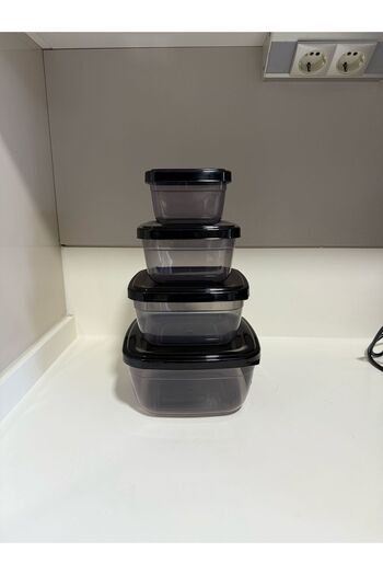 Tercih Home Set of 4 Black Square Anthracite Microwave Storage Containers Food Transport Container (2.4Lt+1.5Lt+0.9Lt+0.5Lt)