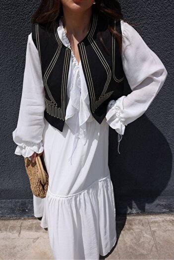 Özge Özgenç Gold Stitching Patterned Vest