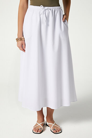 Ritnice Women's Seaside White Lined Elastic Waist Woven Long Skirt with Pockets