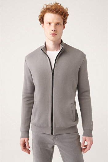 Avva Men's Gray Stand Collar Zippered Knitwear Cardigan A31Y5101