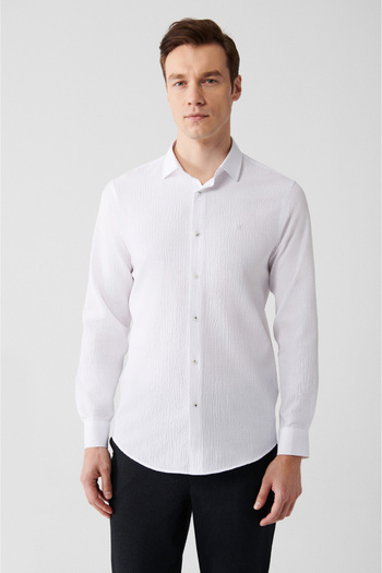 Avva Men's White Classic Collar Wafered Cotton Shirt E 002068