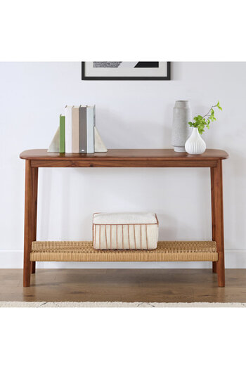 Generic Console Table 120x40x75cm - Classic-looking Elegant Wooden Entryway Table with Woven Shelf Brown