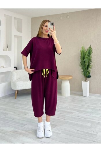 Modayakamoz New Season Women's Short Sleeve Crew Neck Viscose Two Thread Blouse and Pants Two-Piece Set
