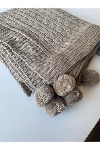 ART ÇEYİZ Pompom Knitted Knitted Tv Blanket (Sofa Shawl)