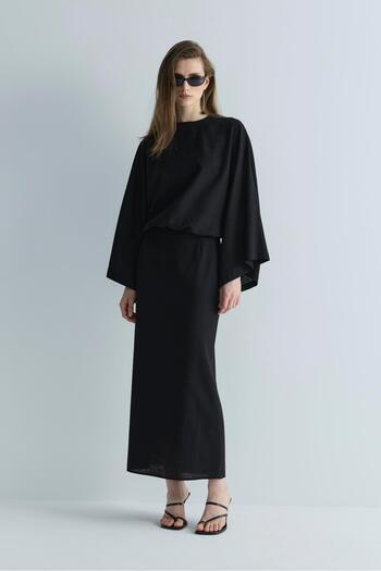 Suud Collection Black Jaylen Straight Cut Linen Skirt
