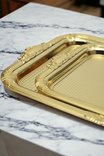 İronika Decorative 2-Piece Gold Coffee Tea Tray - Non-Tarnish Rectangular Presentation Tray