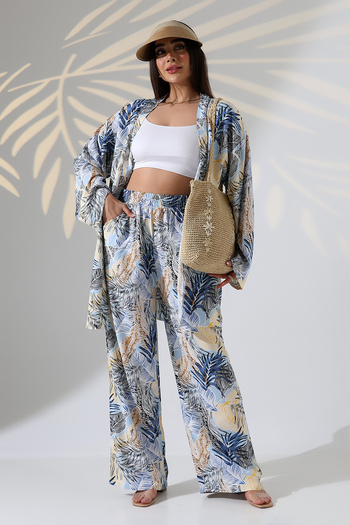forte bella Patterned Maxi Length Bottom-Top Kimono Set