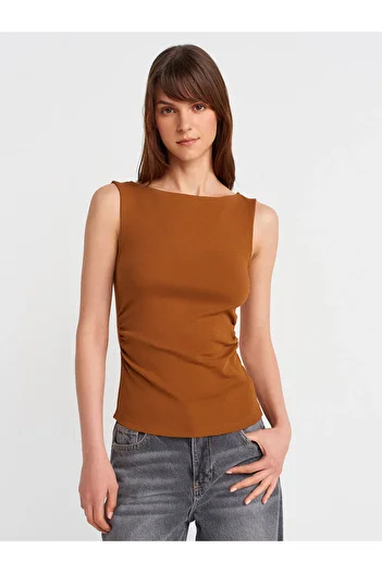 Dilvin 31589 Gathered Boat Neck Top-Red Tile