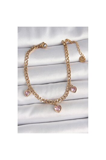 Skygo 316L Steel Gold Color Chain Dangle Pink Zircon Stone Heart Model Women's Bracelet - Tj-Bb6947