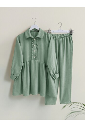 Modamorfo Ruffled Front Half Button Linen Suit - Water Green