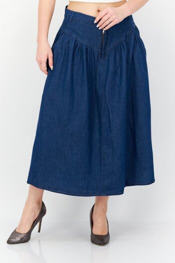 French Connection Women Washed Denim Midi Skirt, Blue