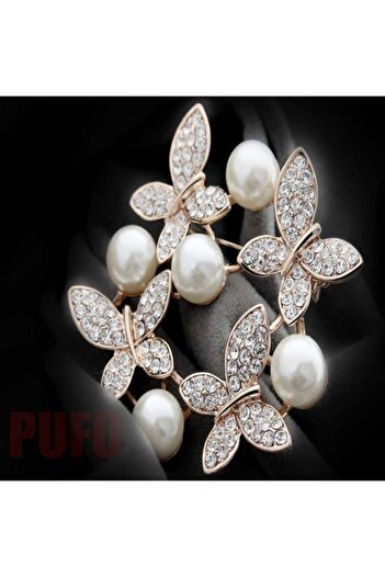 PUFO Elegant women's brooch in the shape of butterflies, with white beads, Shine Butterflies, gold