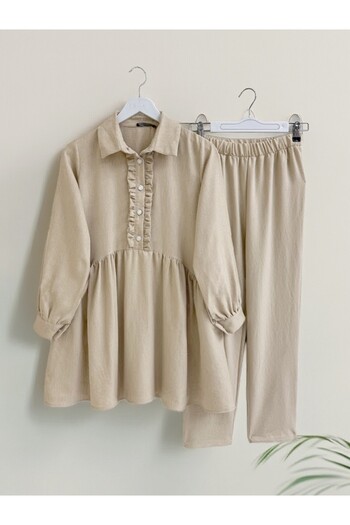 Modamorfo Beige Rufflek Half Button Linen Suit
