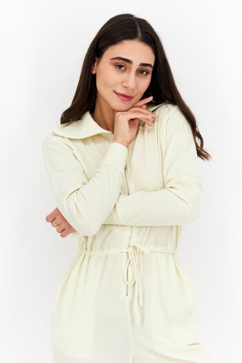 Weworewhat Women Textured High Neck Long Sleeve Jumpsuit, Ivory