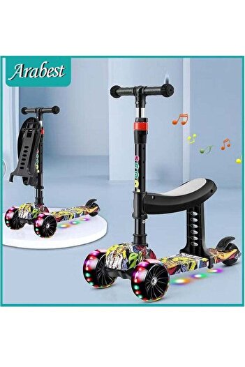 Yelajoy 3 in 1 Foldable Kids Scooter, With 3 LED Music Light Wheels, Adjustble Height, for Children 3+