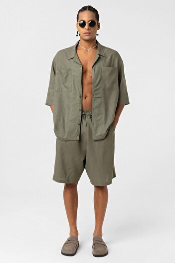 VAMOSCLO Oversized linen shorts khaki