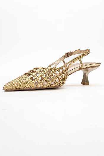 LuviShoes HEAVEN Altın Örme Arkası Açık Kadın Kısa Topuklu Ayakkabı