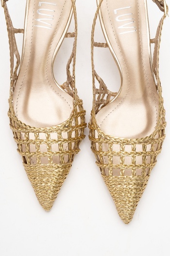 LuviShoes Heaven Gold Knitted Open Back Women's Low Heeled Shoes