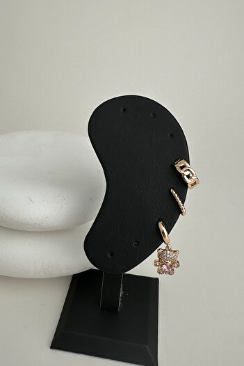 Modex Gold Color Teddy Bear Figured Triple Earrings Set