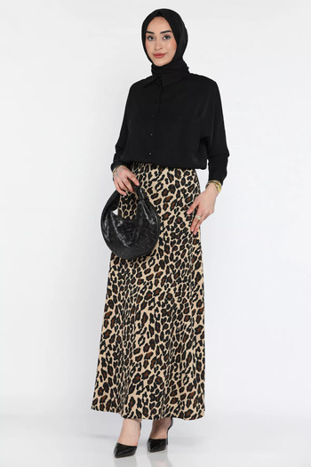julude Beige Women's Leopard Patterned Hijab Wrapped Kiloş Skirt