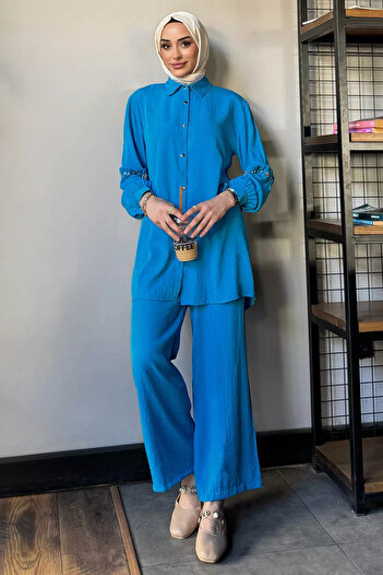 julude Blue Stone Detailed Tunic Trousers Hijab Double Set