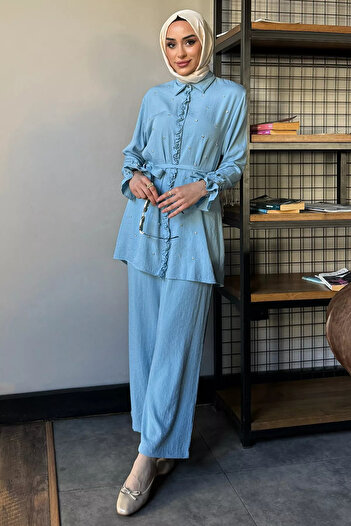 julude Light Blue Hijab Waist Belted Stone Tunic Trousers Double Set