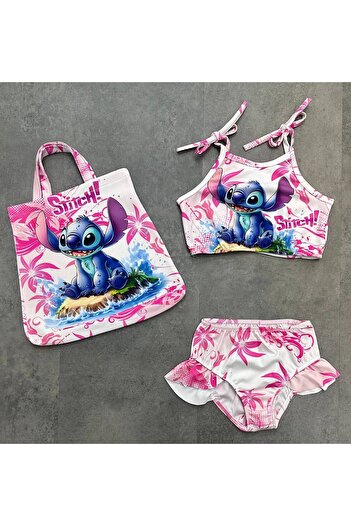 ARBİ kids Female Child Stitch Print Three Piece Bag Swimwear Bikini Summer Vacation