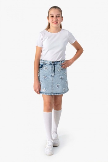 wakawakakidsstore Fusta din denim pentru fetiță, albastru deschis, brodat cu stea cu sclipici