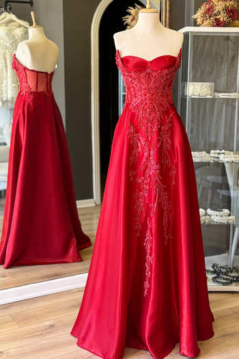 Lenta Moda Kırmızı Straplez Yaka Dantel Kaplama Maxi Boy Saten Abiye Ve Kına Elbisesi