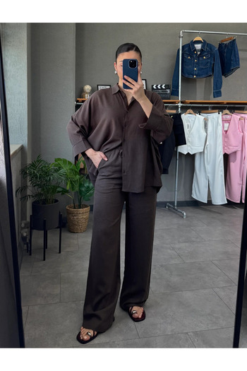 My Blog Brown Lirio Shirt Pants Set - 8674