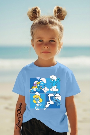 New Shine Sepette 6 Ve Üzeri Alımlarda 1 Tişört Hediyedir - Şirinler Baskılı Baskılı Oversize Çocuk T-shirt