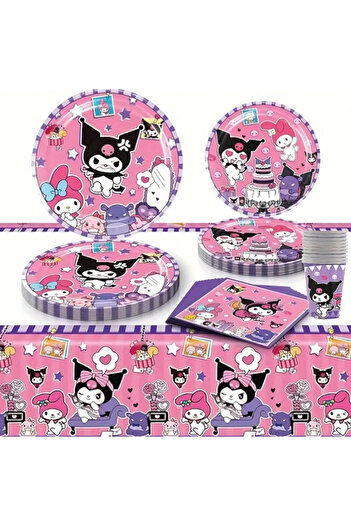 So Iconic 10 Persons 50 Pieces Sanrio Kuromi Character Birthday Party Set / Cardboard Plates, Cups, Napkins