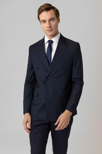 SÜVARİ Süvari Slim Fit Striped Navy Blue Double Breasted Suit