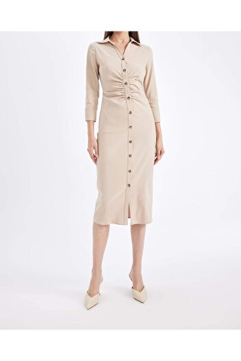 Kübra Tekstil Lupinn Fashion Μπεζ πουκάμισο με κουμπιά μίντι μήκους με μανίκια τριών τετάρτων με λεπτομέρεια γυναικείο φόρεμα