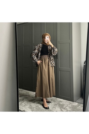 MY QILAM Number 10 Fashion Women's Mink Waist Elastic Poplin Flare Skirt with Pockets 10Nmr180