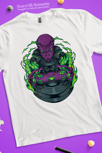 StoryGift Romania Tricou Femei Cu Extraterestru, Sci, Fi, Flacari, Joystick, Controller, Gaming, M WHT_L