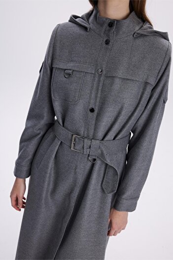 Zühre Hooded Pocket Detailed Gray Overcoat 13677