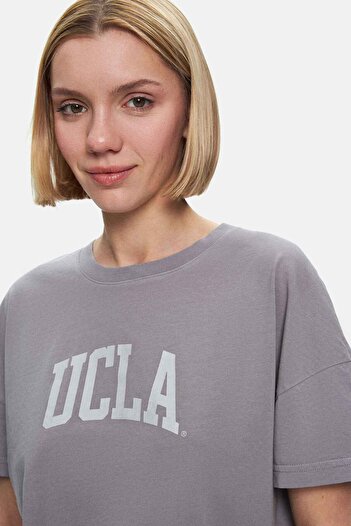 UCLA Everlee Dark Gray Crew Neck Stone Wash Printed Loose Fit Women's Tshirt
