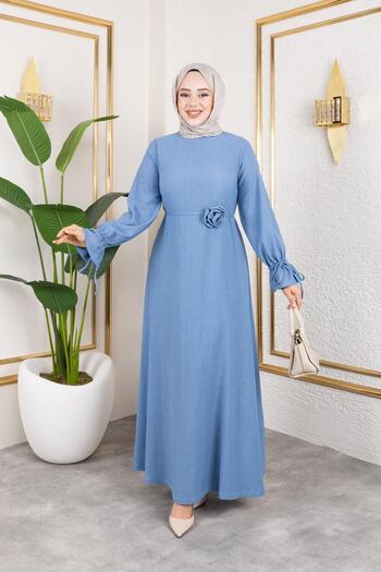 Moda Ebva Kol Büzgülü Gül Detaylı Elbise-5030 Bebe mavisi